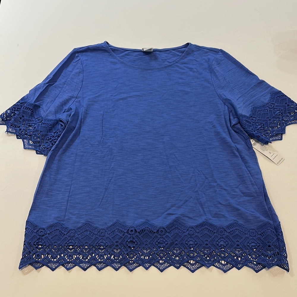 NWT $59.50 Chico's Blue Blouse Top with Lace Trim Sz 3 (16-18)